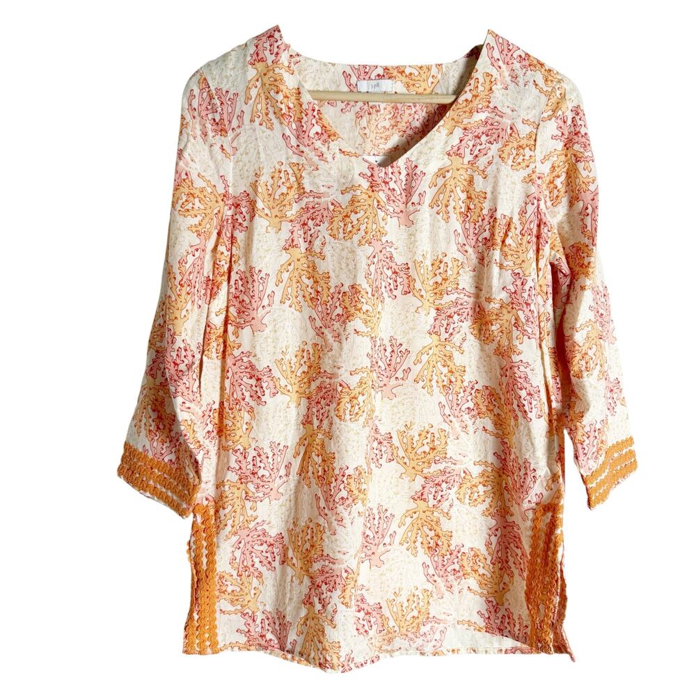 J. Jill Coral Reef Print Linen 3/4 Sleeve Coastal Beach Resort Tunic Top Size XS